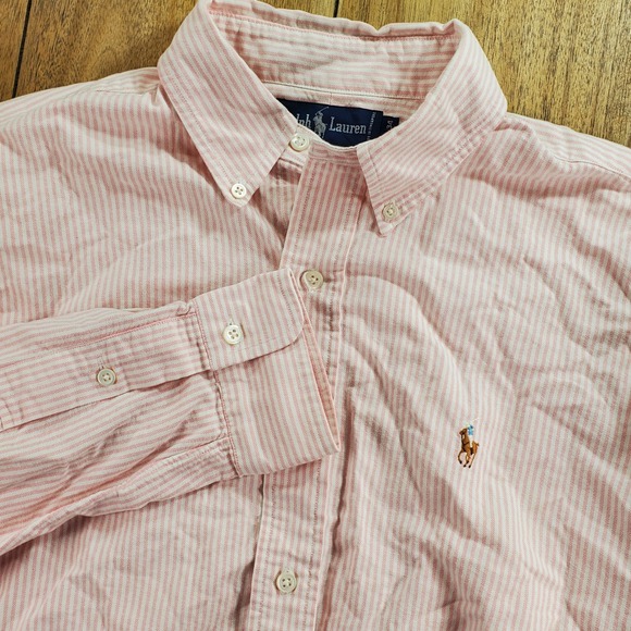 Polo Ralph Lauren Button Down Shirt Mens 16-34 Pink White Striped Cotton Oxford - Picture 2 of 8